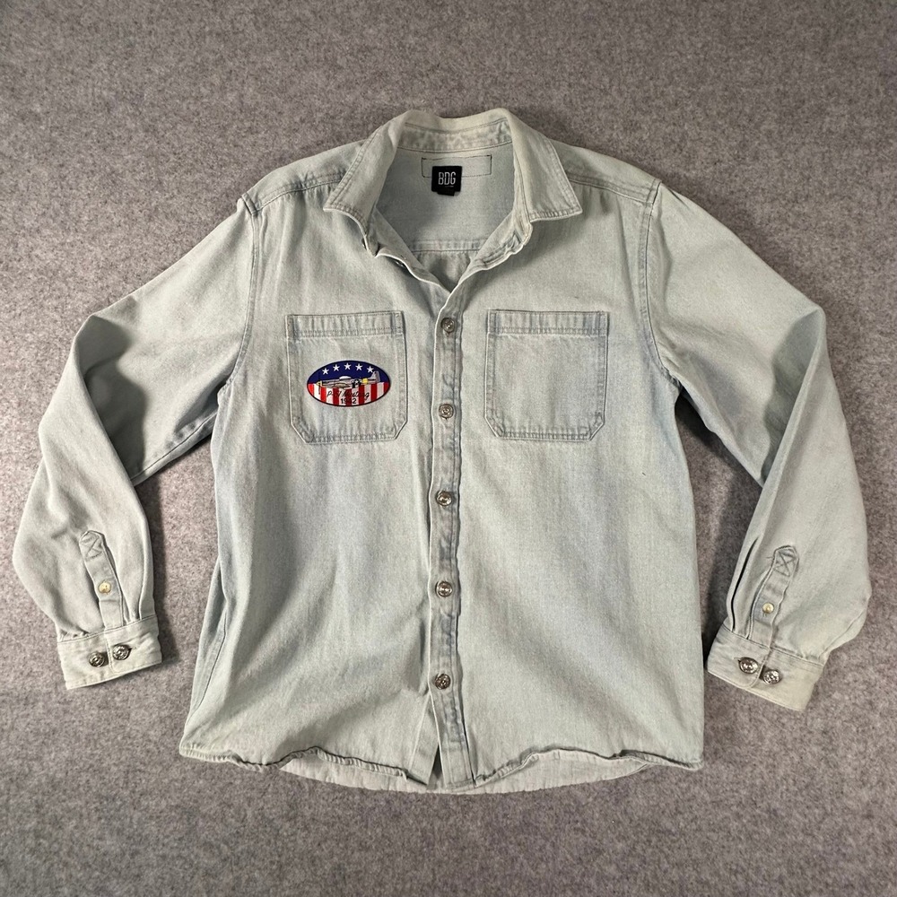 BDG Denim Button Up Shirt Medium Light Wash Mens P-51 Mustang Old Skool Patches